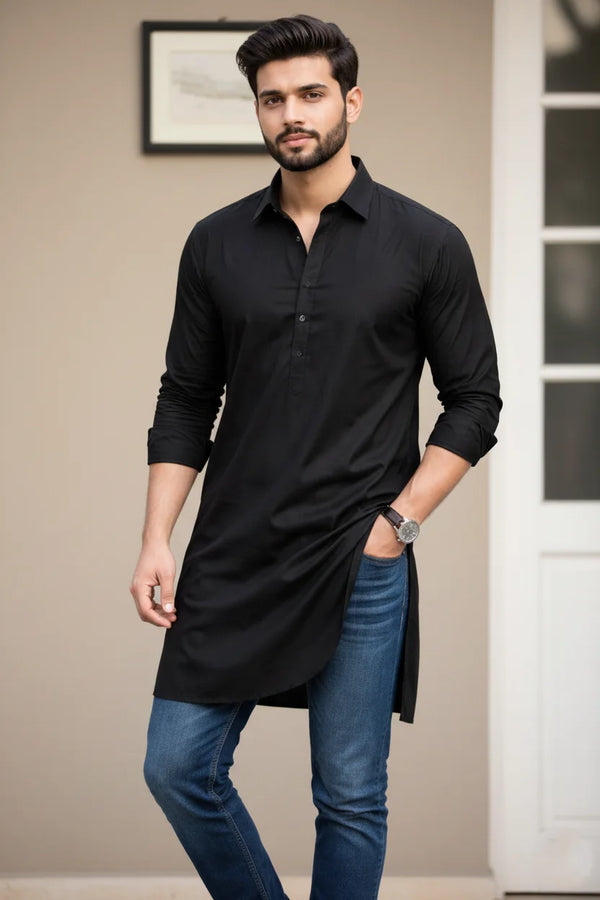 Eid Kurta for Men Black | Spread Collar Plain Cotton Long Pathani Kurta Ethnic