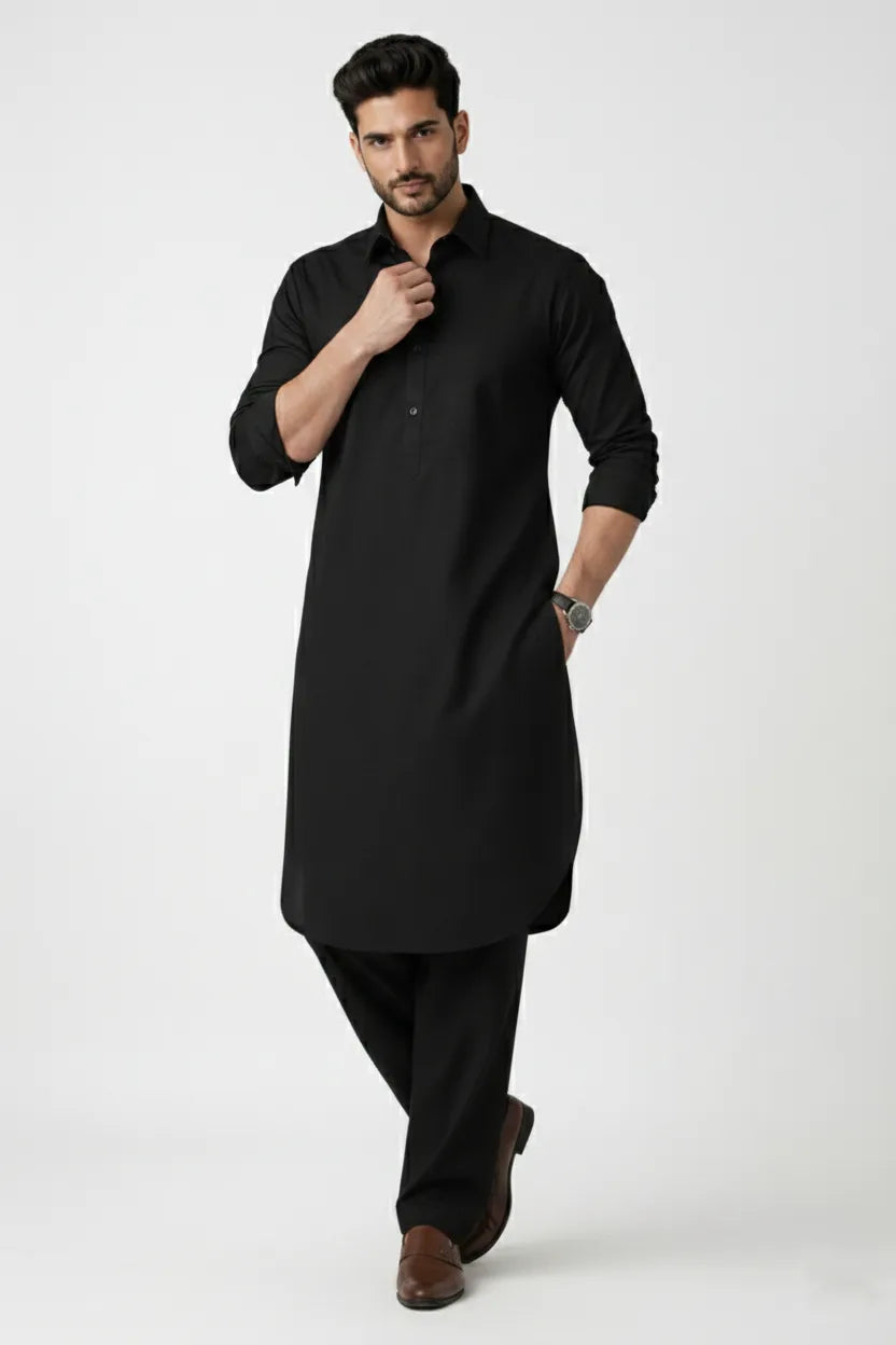 Black Spread Collar Long Kurta Pajama for Men | Plain Cotton Pathani Ethnic Set