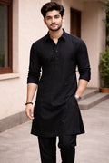 Black Spread Collar Kurta Pajama for Men | Plain Cotton Long Pathani Ethnic Set
