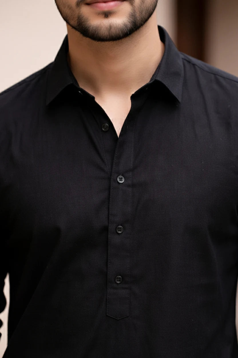 Men's Black Kurta Pajama | Spread Collar Plain Cotton Long Kurta Pejama Ethnic