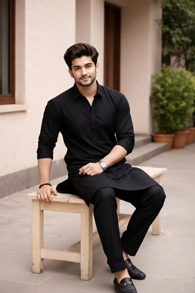 Black Long Kurta Pajama for Men | Spread Collar Plain Cotton Pathani Ethnic Set