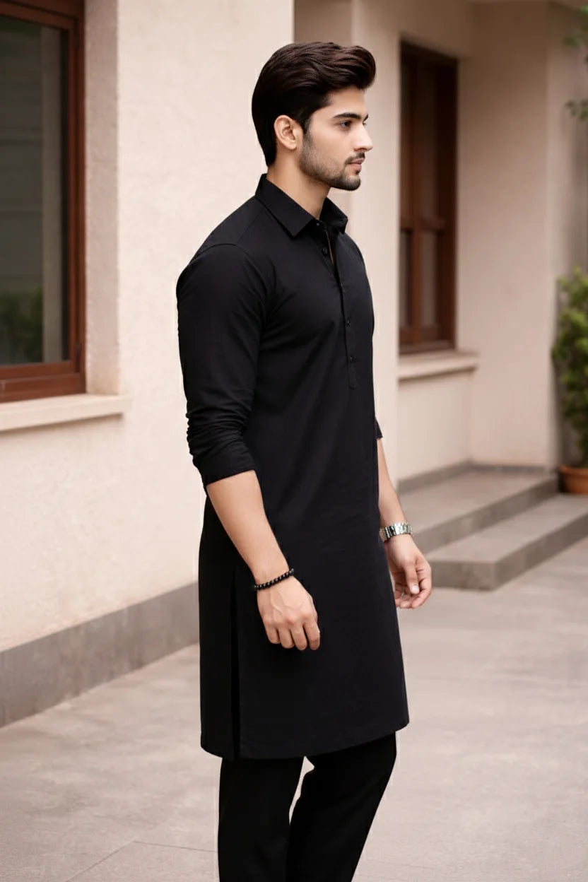 Spread Collar Black Kurta Pejama for Men | Plain Cotton Long Pathani Ethnic