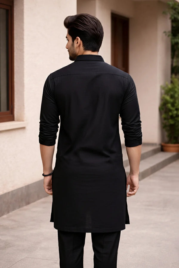 Black Cotton Kurta Pajama for Men | Spread Collar Plain Long Pathani Ethnic