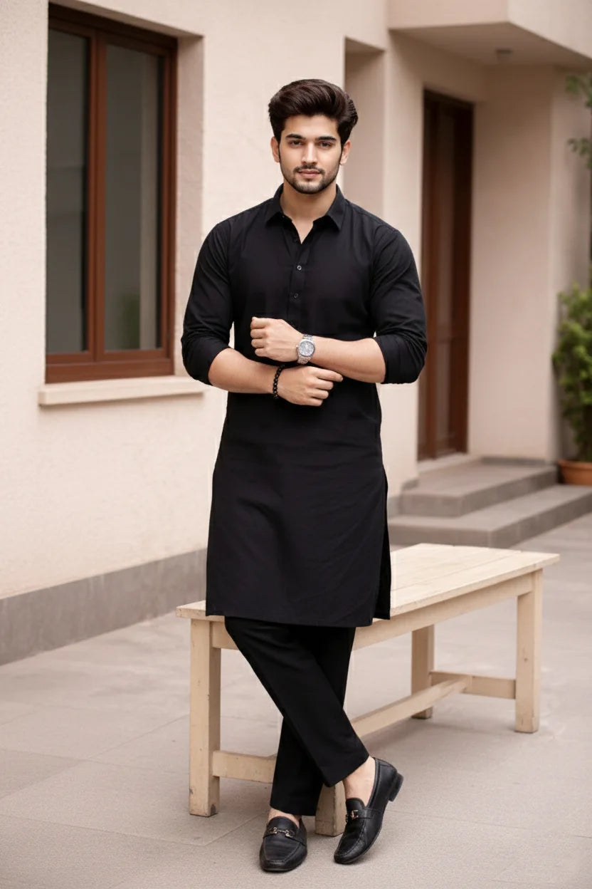 Black Kurta Pajama Men | Spread Collar Plain Cotton Long Stylish Ethnic Wear