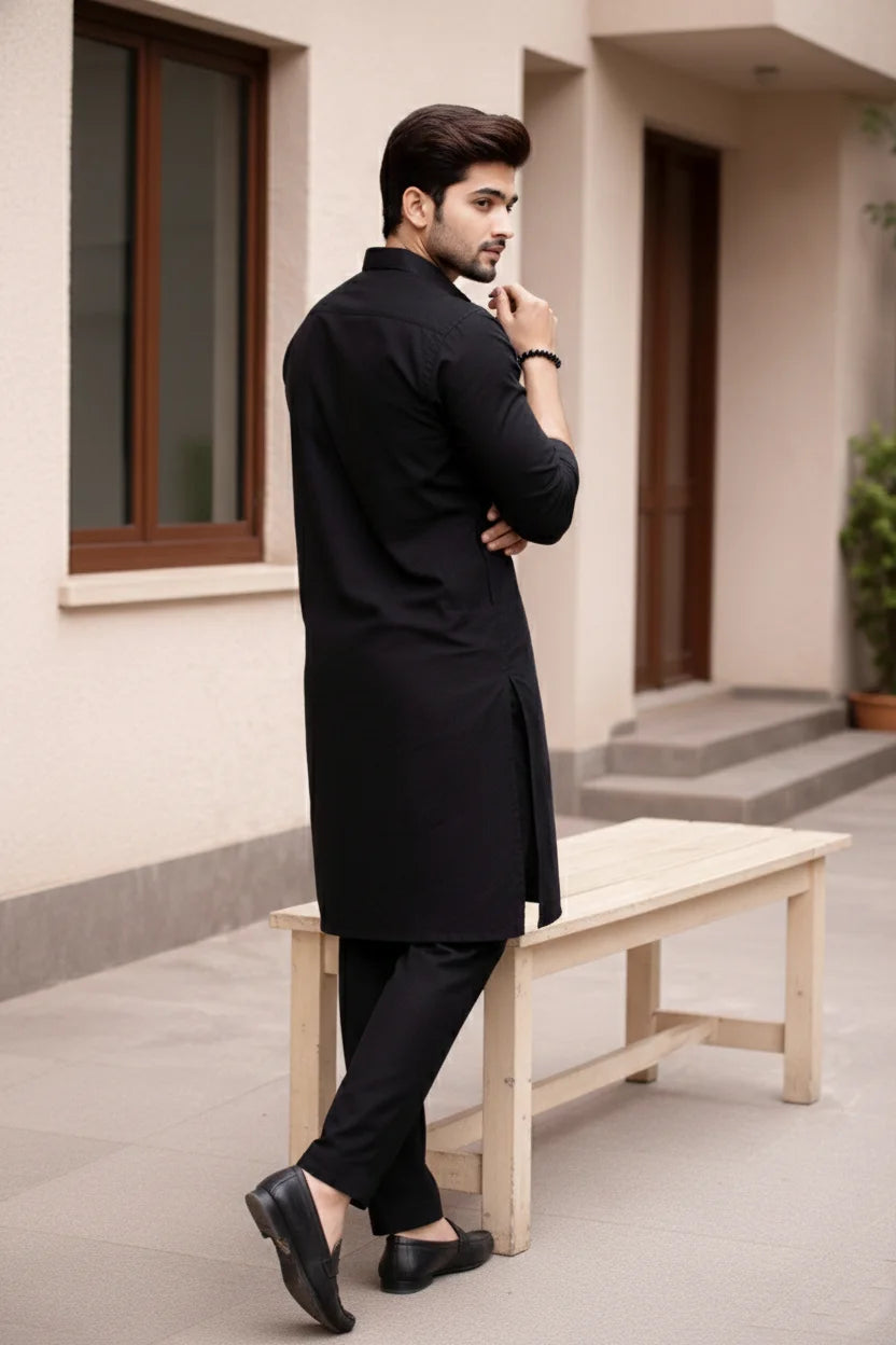 Eid Kurta Pajama for Men Black | Spread Collar Plain Cotton Long Pathani Set