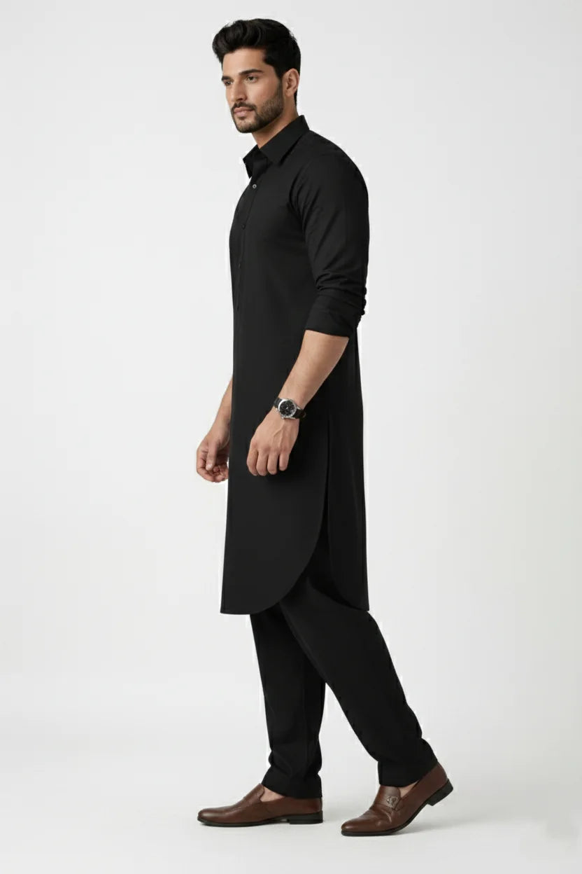 Black Cotton Long Kurta Pajama for Men | Spread Collar Plain Pathani Ethnic