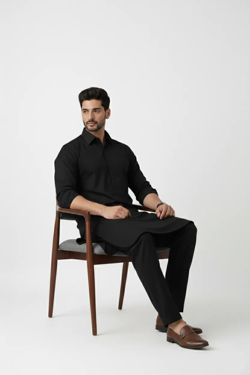 Men's Black Long Kurta Pajama | Spread Collar Cotton Kurta Pejama Ethnic Wear
