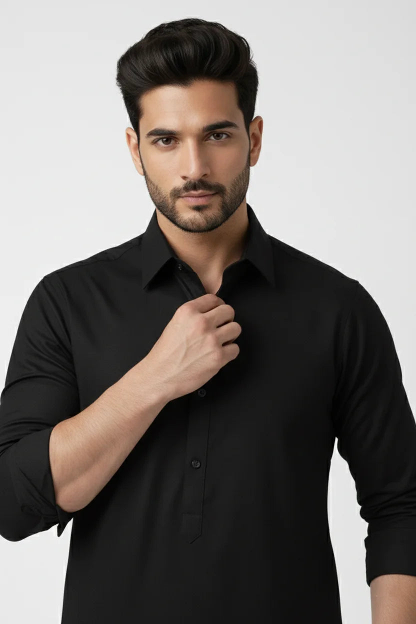 Black Long Kurta Pajama for Men | Spread Collar Plain Cotton Kurta Pejama Set