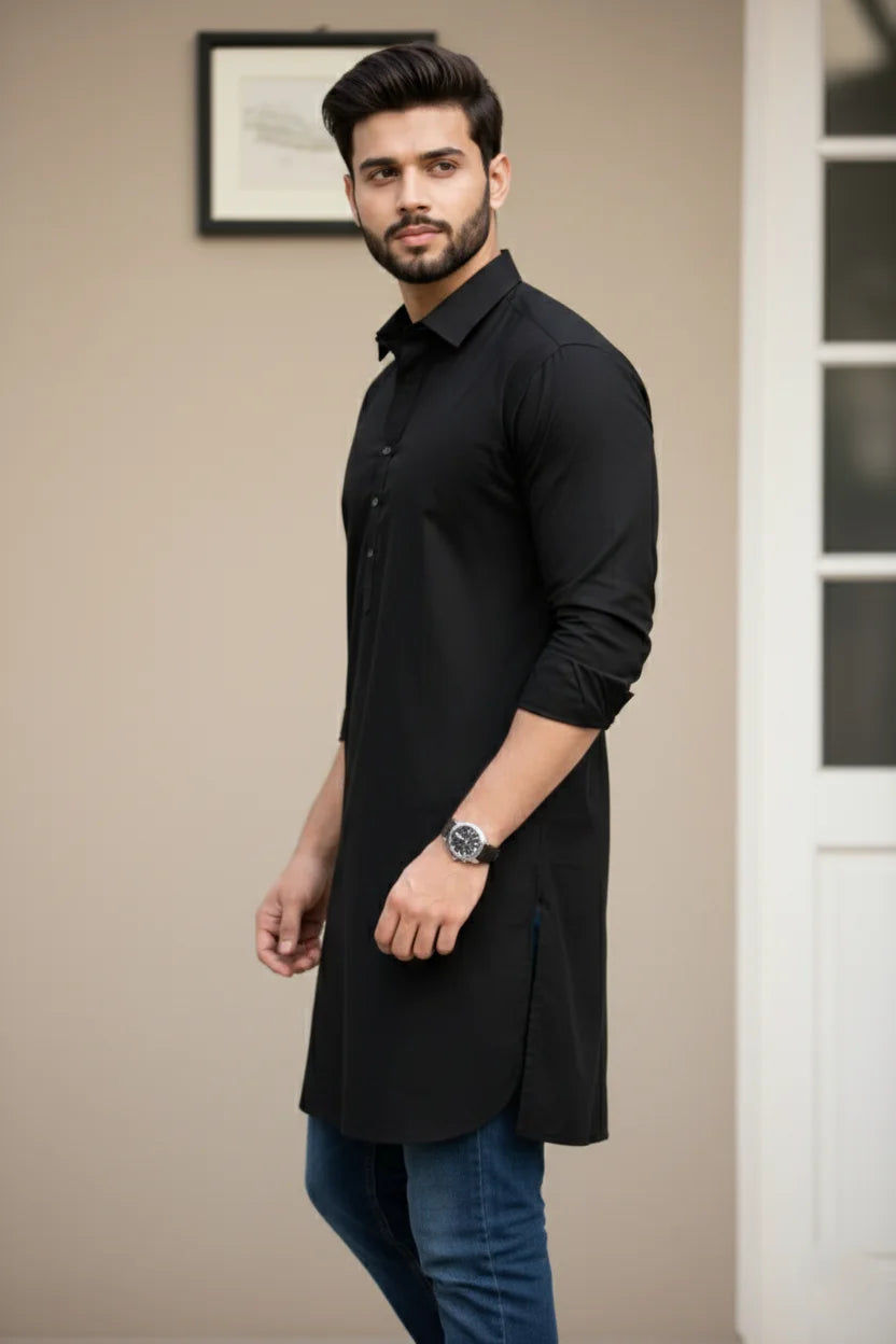 Plain Black Pathani Kurta for Men | Spread Collar Cotton Long Kurta Ethnic