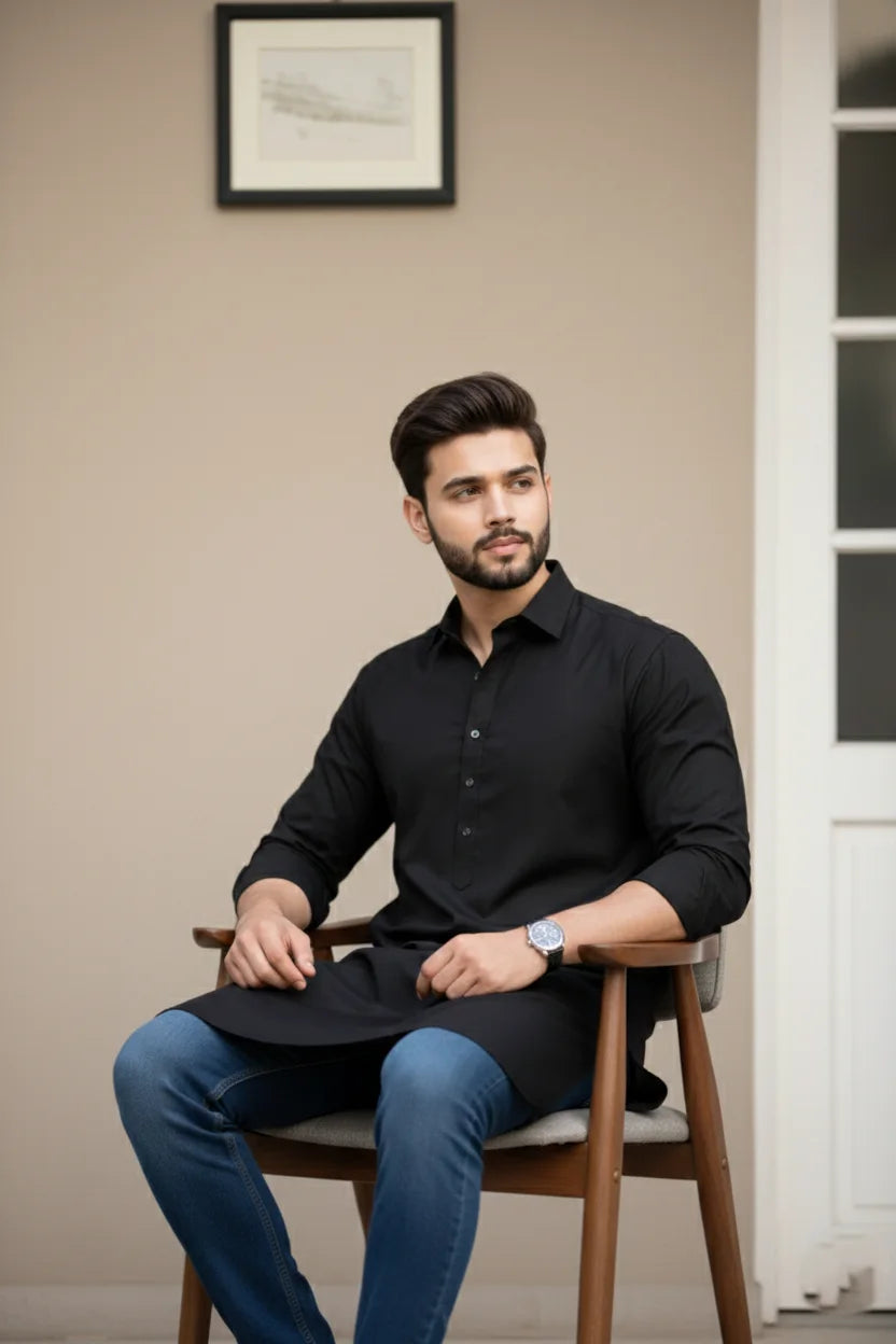 Black Cotton Kurta for Men | Spread Collar Plain Long Stylish Pathani Kurta