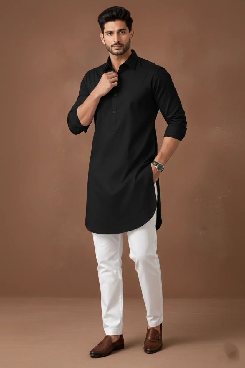 Black Long Kurta for Men | Plain Cotton Spread Collar Pathani Style Ethnic Wear