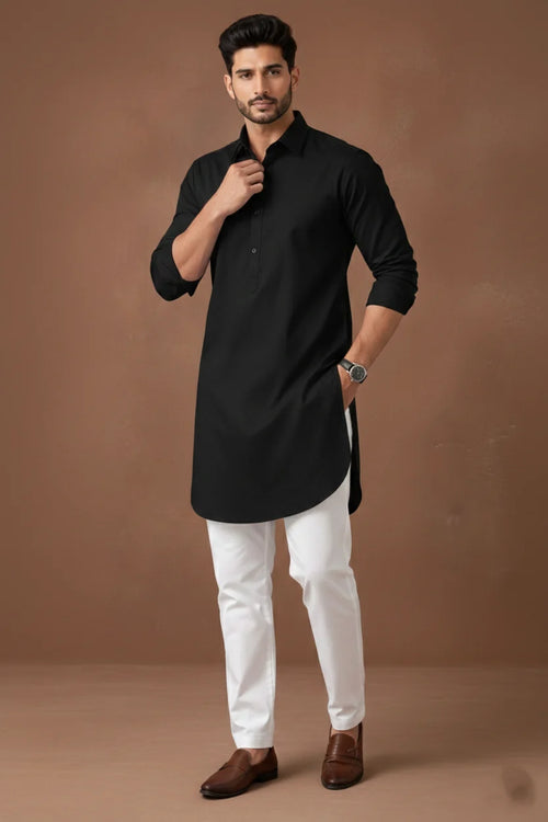 Black Long Kurta for Men | Plain Cotton Spread Collar Pathani Style Ethnic Wear