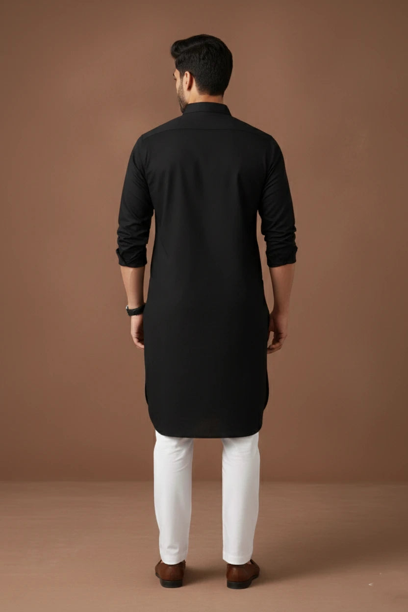 Long Kurta for Men Black | Cotton Pathani Kurta Plain Stylish Ethnic Casual