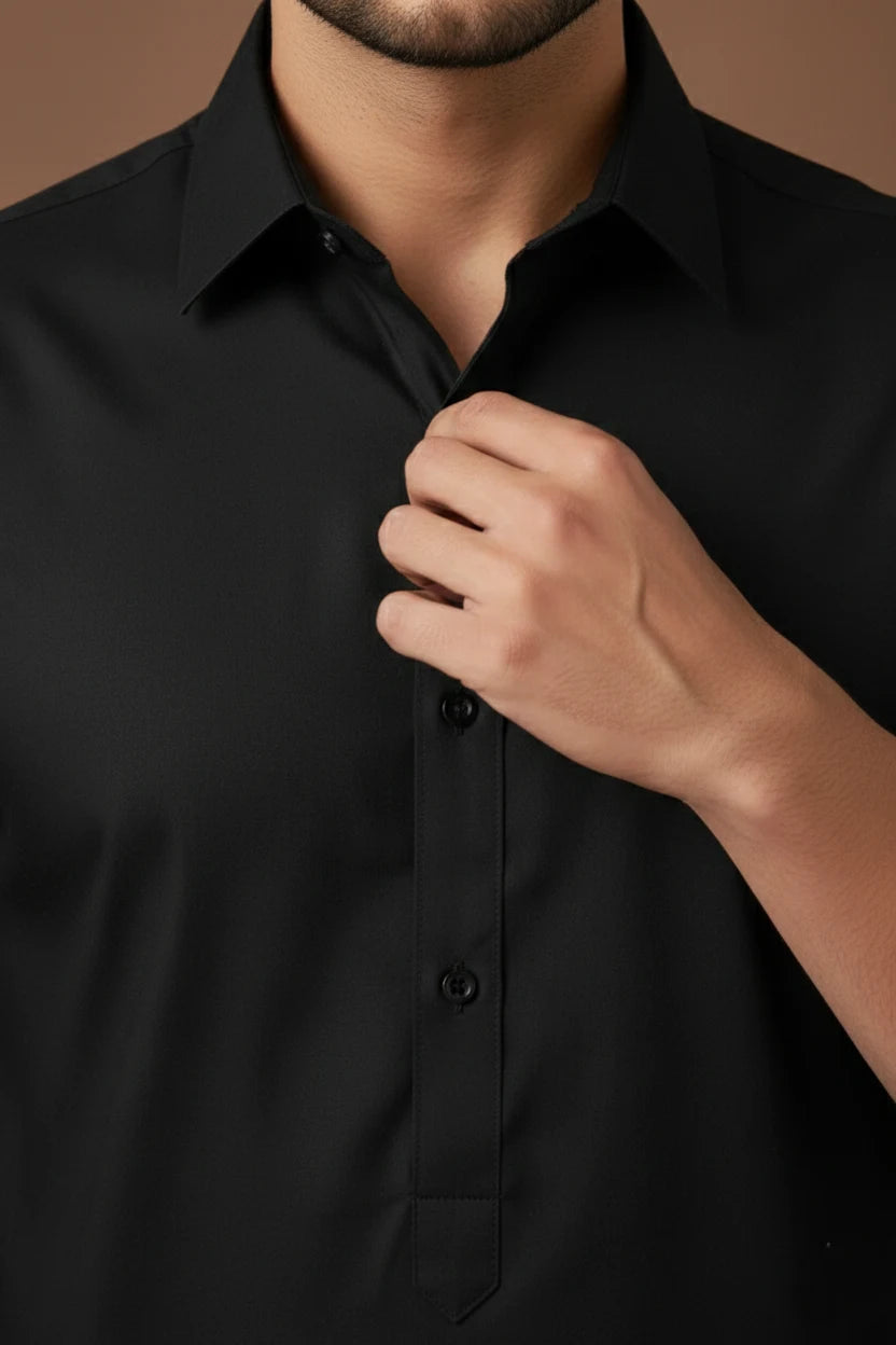 Pathani Kurta for Men Black Long | Spread Collar Plain Cotton Kurta Ethnic