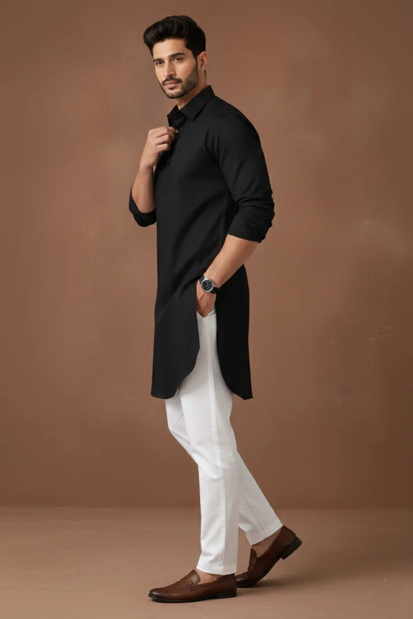 Men's Black Long Cotton Kurta | Plain Pathani Style Kurta with White Pants