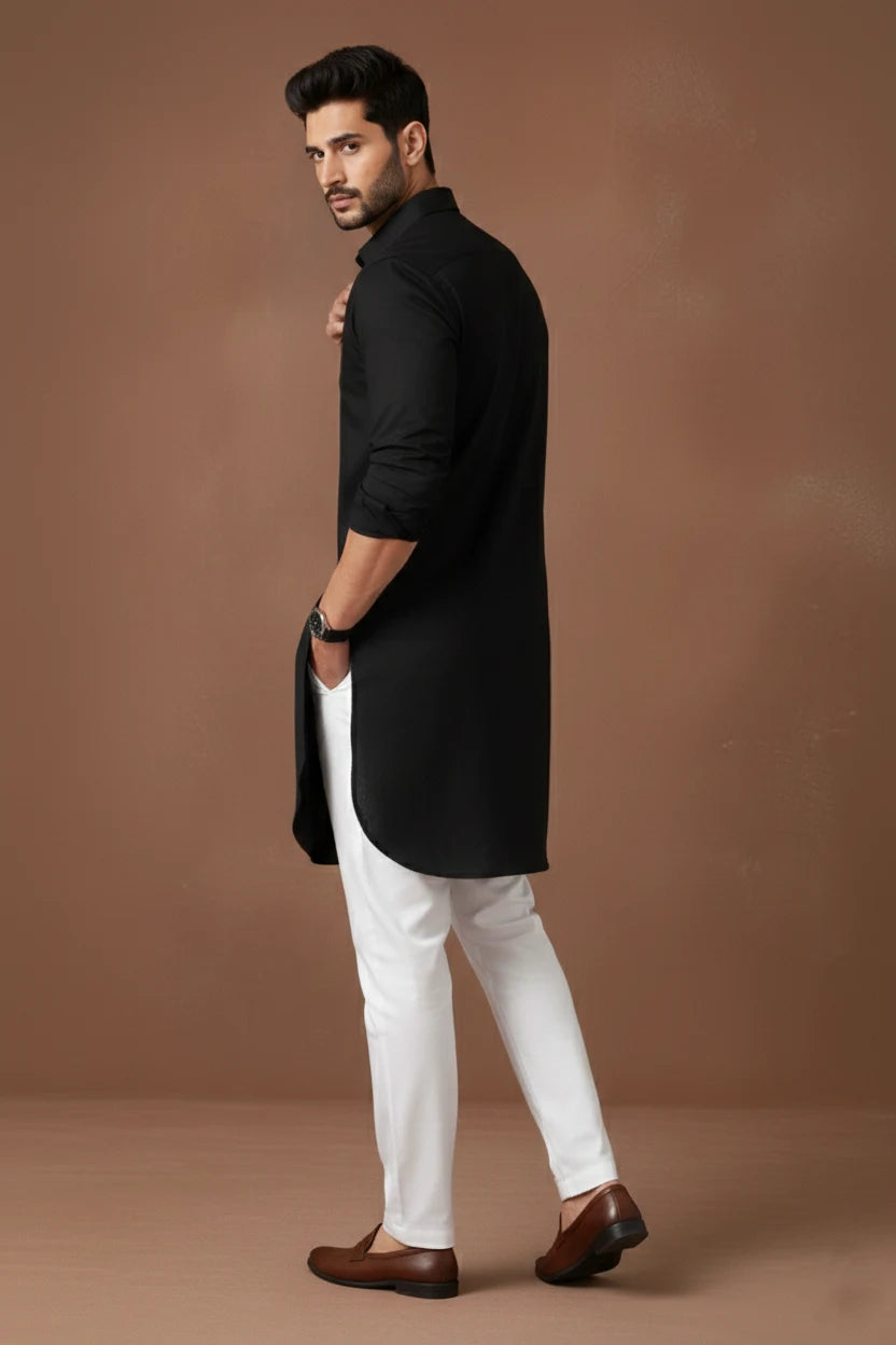 Cotton Kurta for Men Black Long | Plain Stylish Pathani Kurta Ethnic Wear