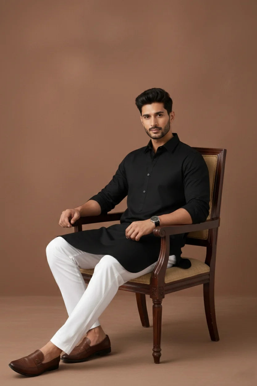 Plain Black Long Kurta for Men | Punjabi Kurta Style Spread Collar Cotton