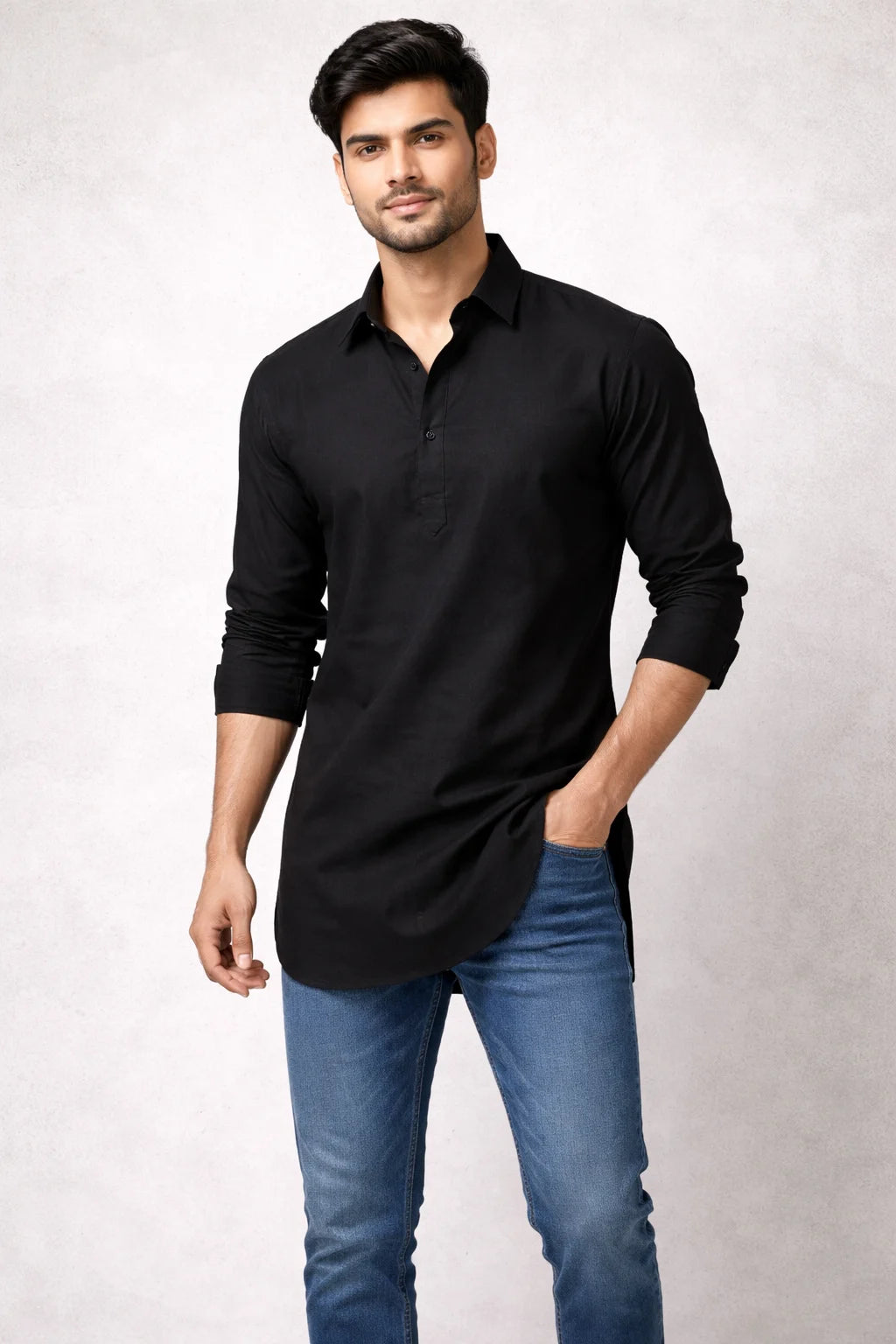 Plain Black Kurta for Men | Spread Collar Cotton Kurta Casual Ethnic Wear