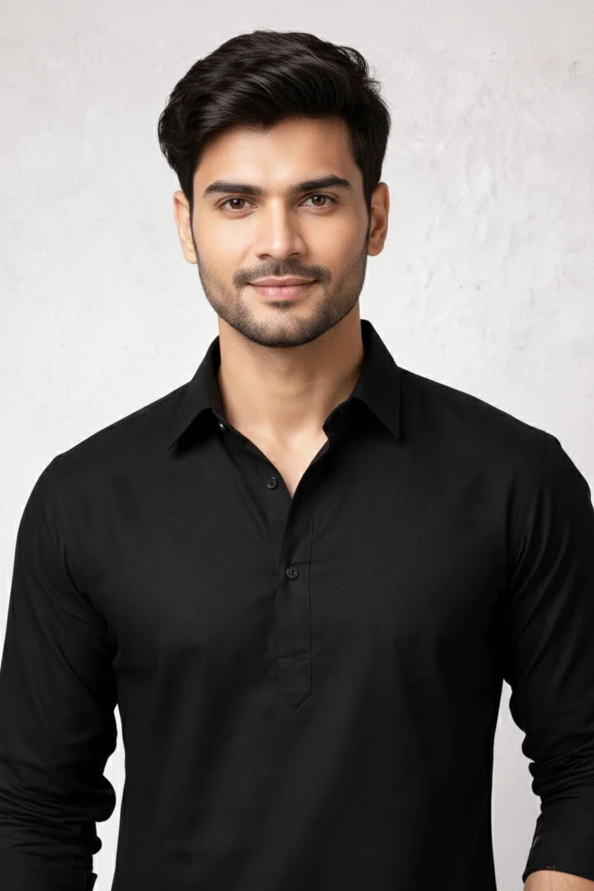 Pathani Kurta for Men Black | Spread Collar Plain Cotton Kurta Casual