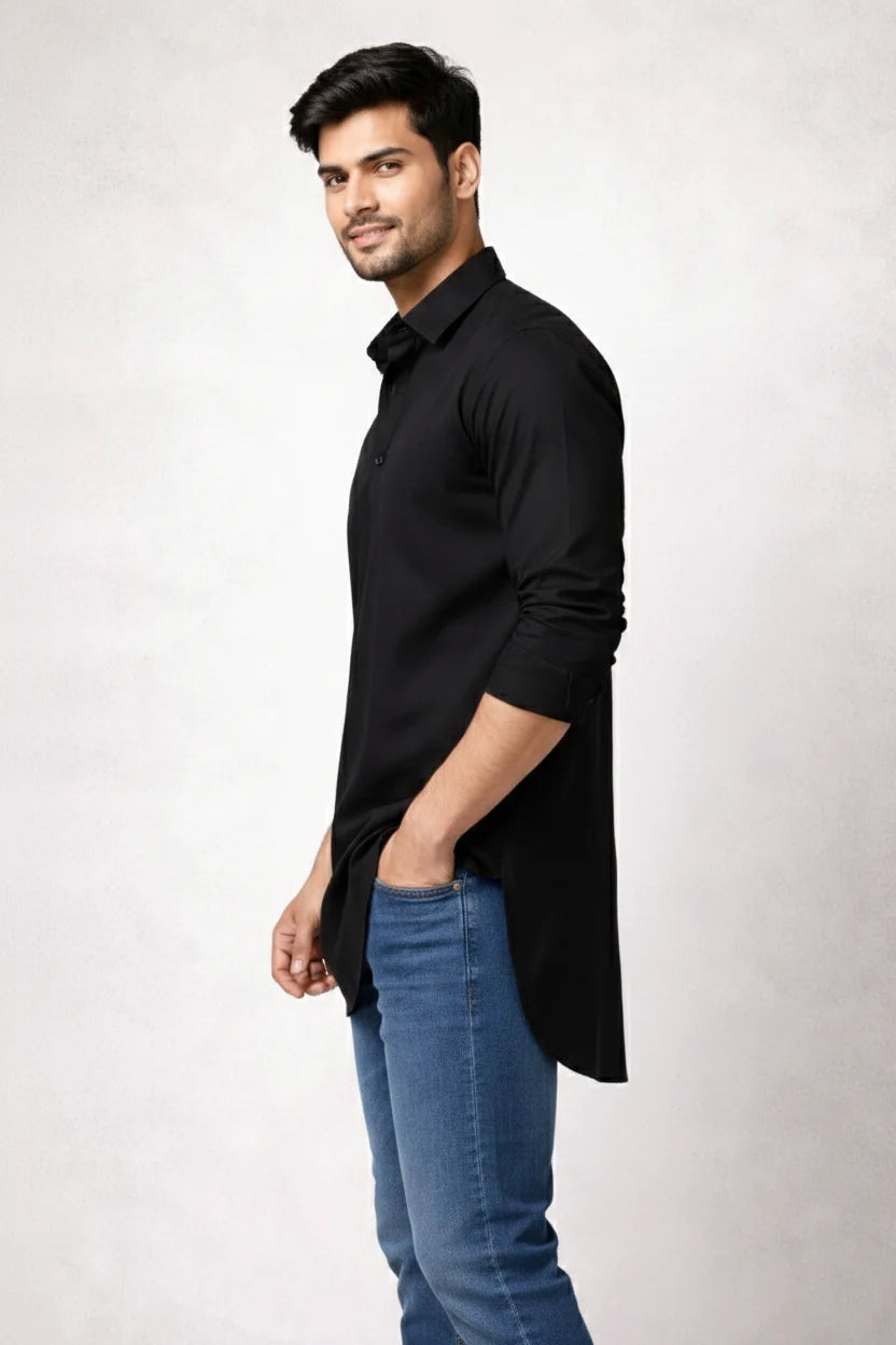 Plain Black Kurta for Men | Punjabi Kurta Style Spread Collar Cotton