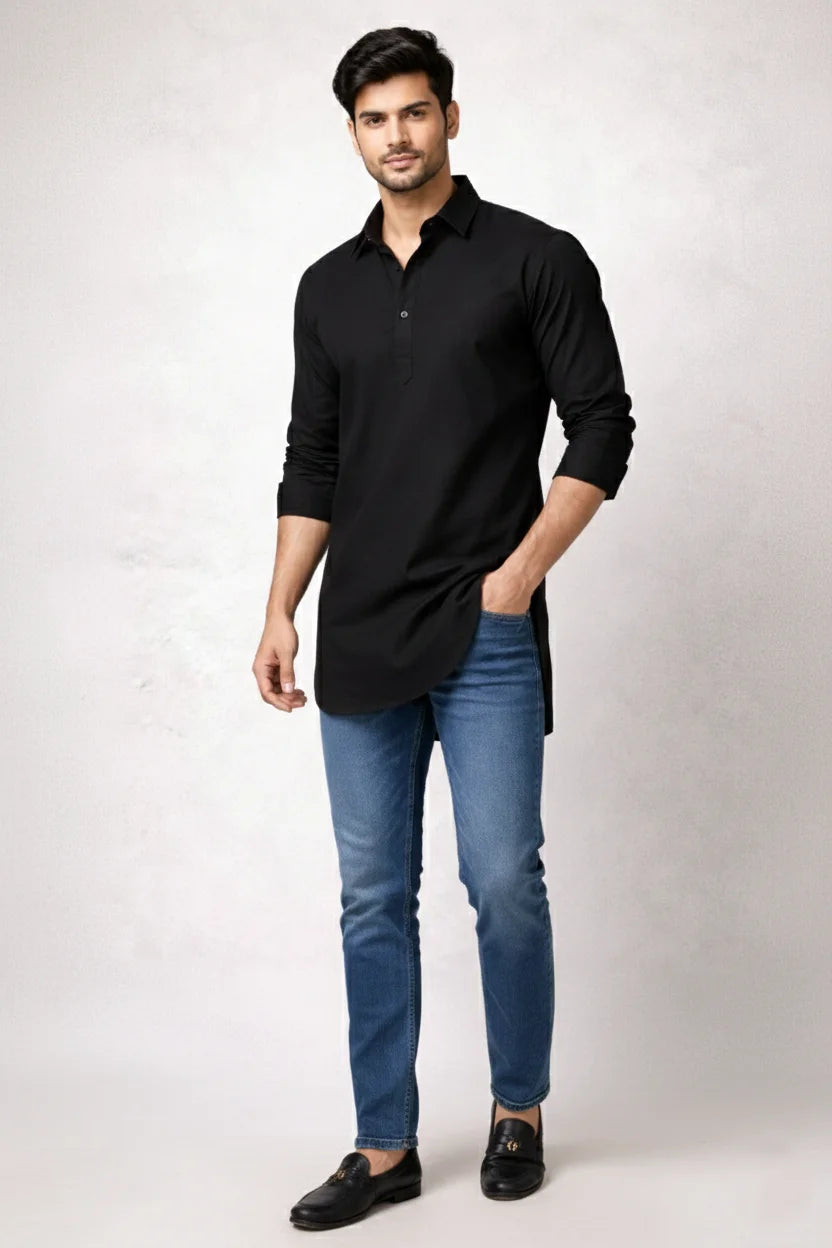 Men's Black Cotton Kurta | Plain Stylish Kurta for Men with Jeans