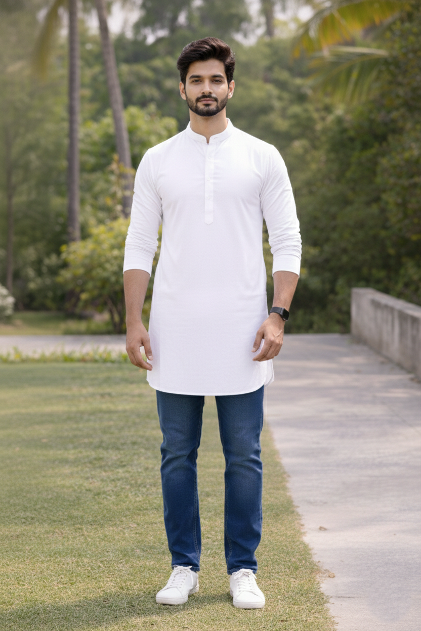 White Mandarin Collar Long Kurta for Men | Plain Cotton Stylish Casual Ethnic