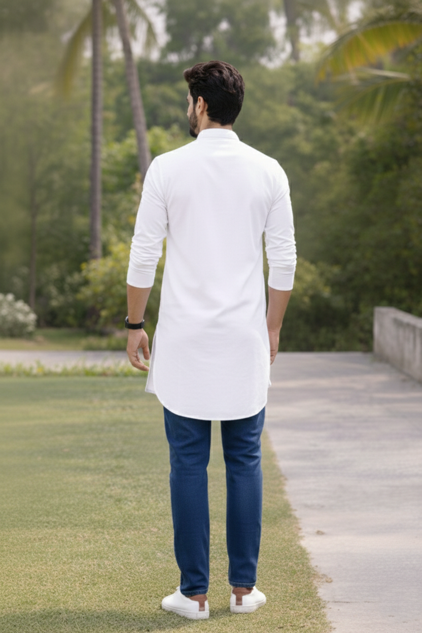 Plain White Pathani Style Long Kurta | Mandarin Collar Cotton Men Ethnic