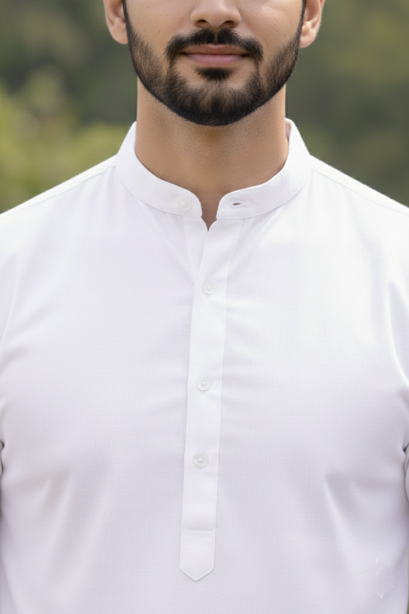 Mandarin Collar White Long Kurta for Men | Plain Cotton Pathani Style Casual