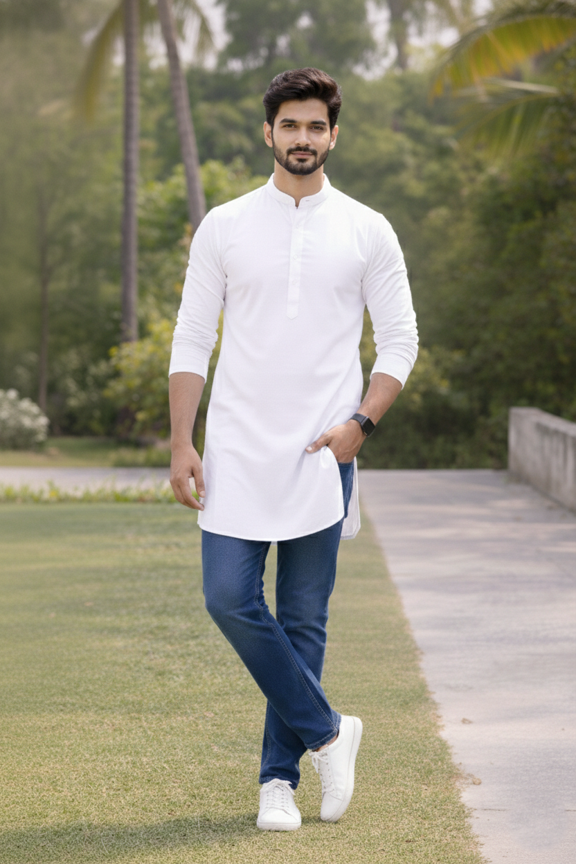 hite Long Kurta with Jeans | Mandarin Collar Plain Cotton Stylish Kurta Men