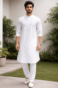 White Mandarin Collar Kurta Pajama for Men | Plain Cotton Long Kurta Set