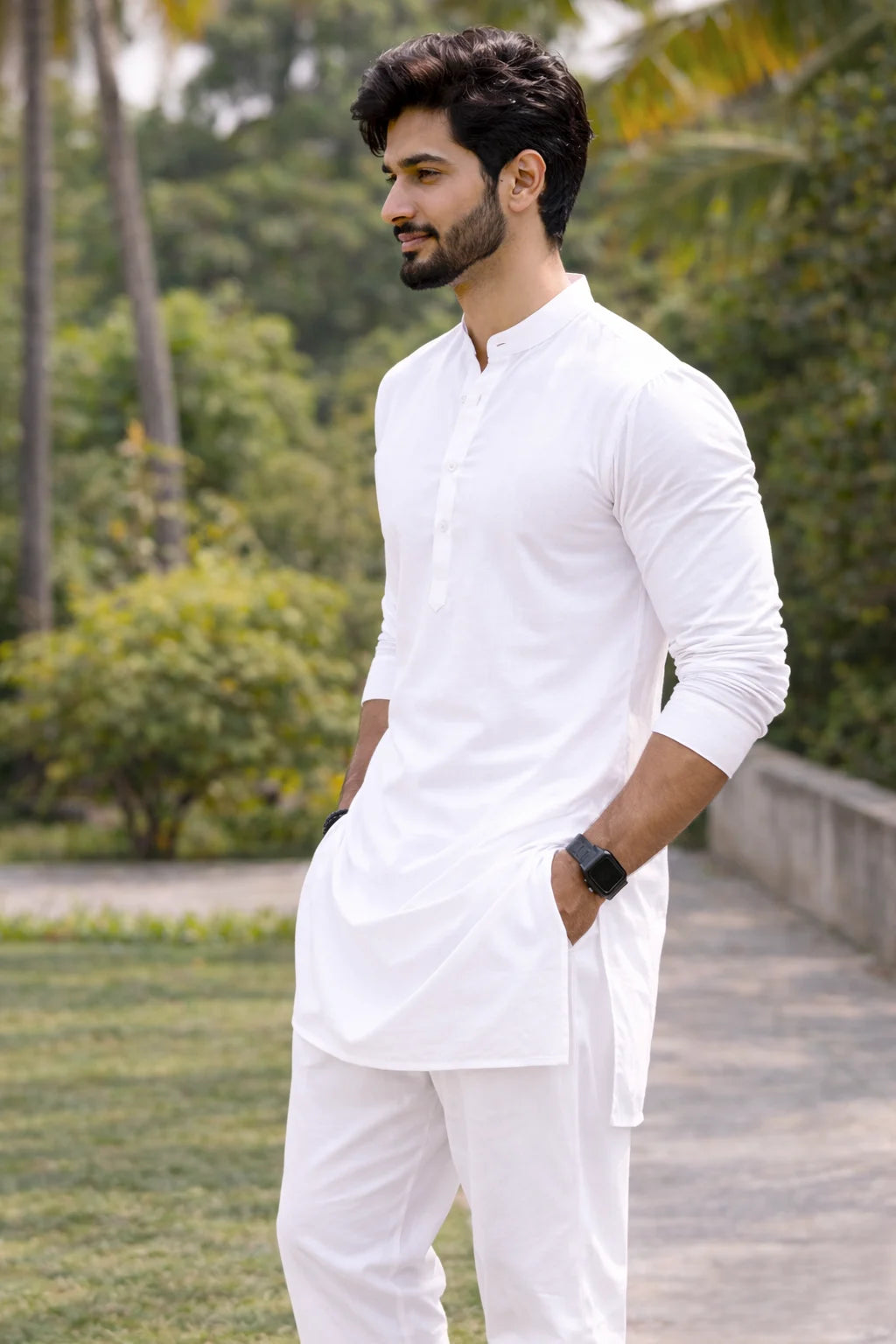 White Mandarin Collar Kurta Pajama for Men | Plain Cotton Long Ethnic Set