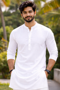 Men's White Kurta Pajama | Mandarin Collar Plain Cotton Long Kurta Pejama Ethnic