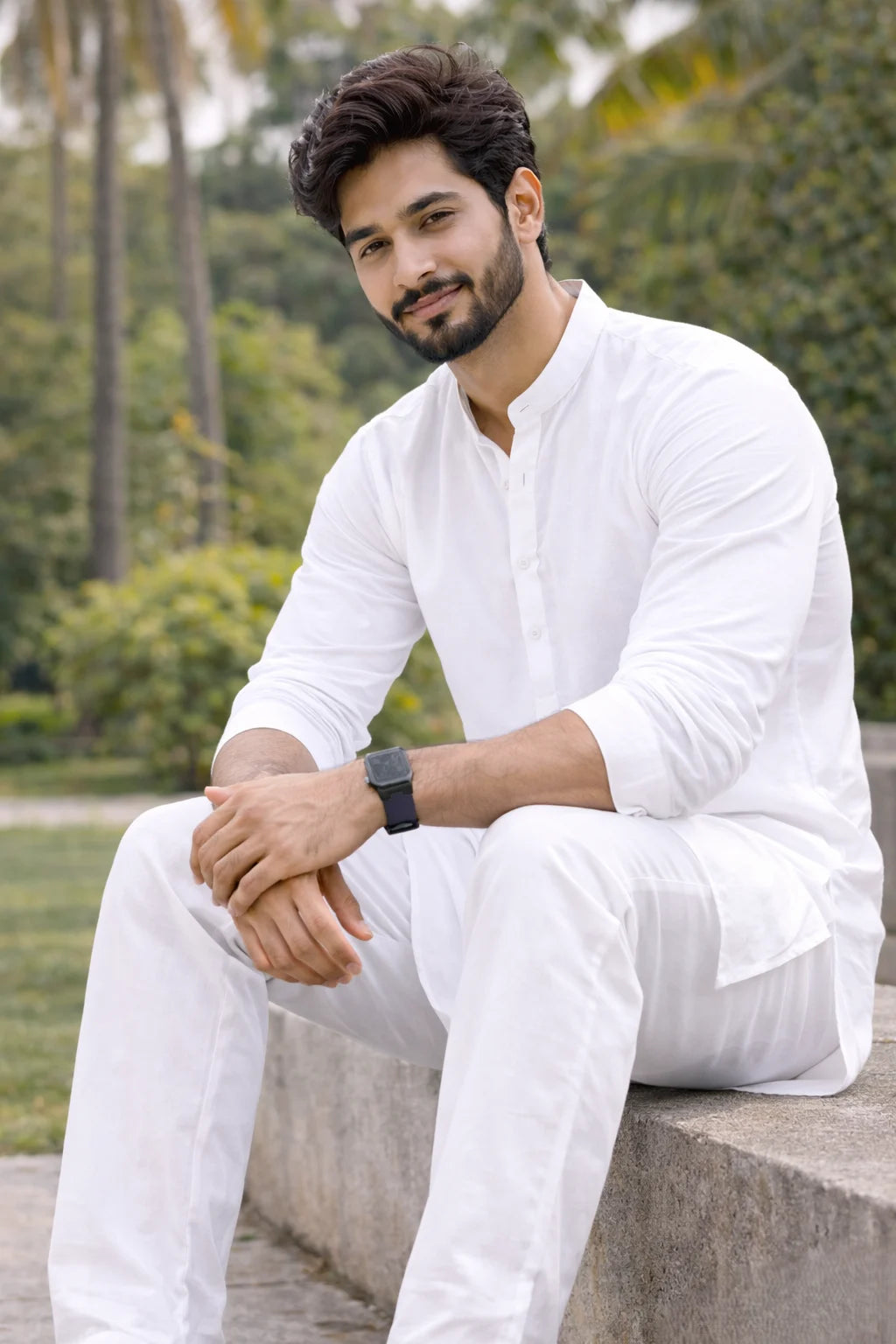 White Long Kurta Pajama for Men | Mandarin Collar Plain Cotton Ethnic Wear Set