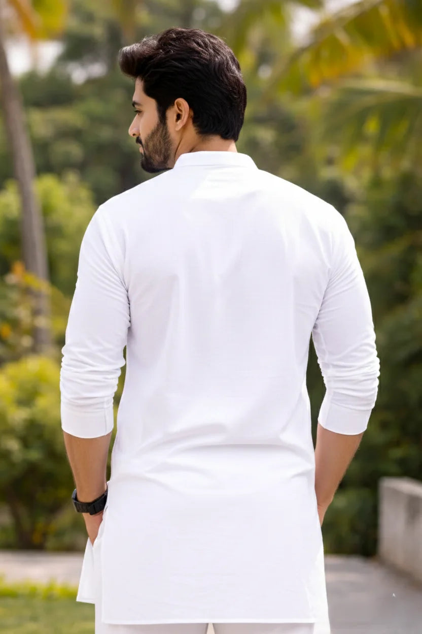 Mandarin Collar White Kurta Pejama for Men | Plain Cotton Long Pathani Ethnic