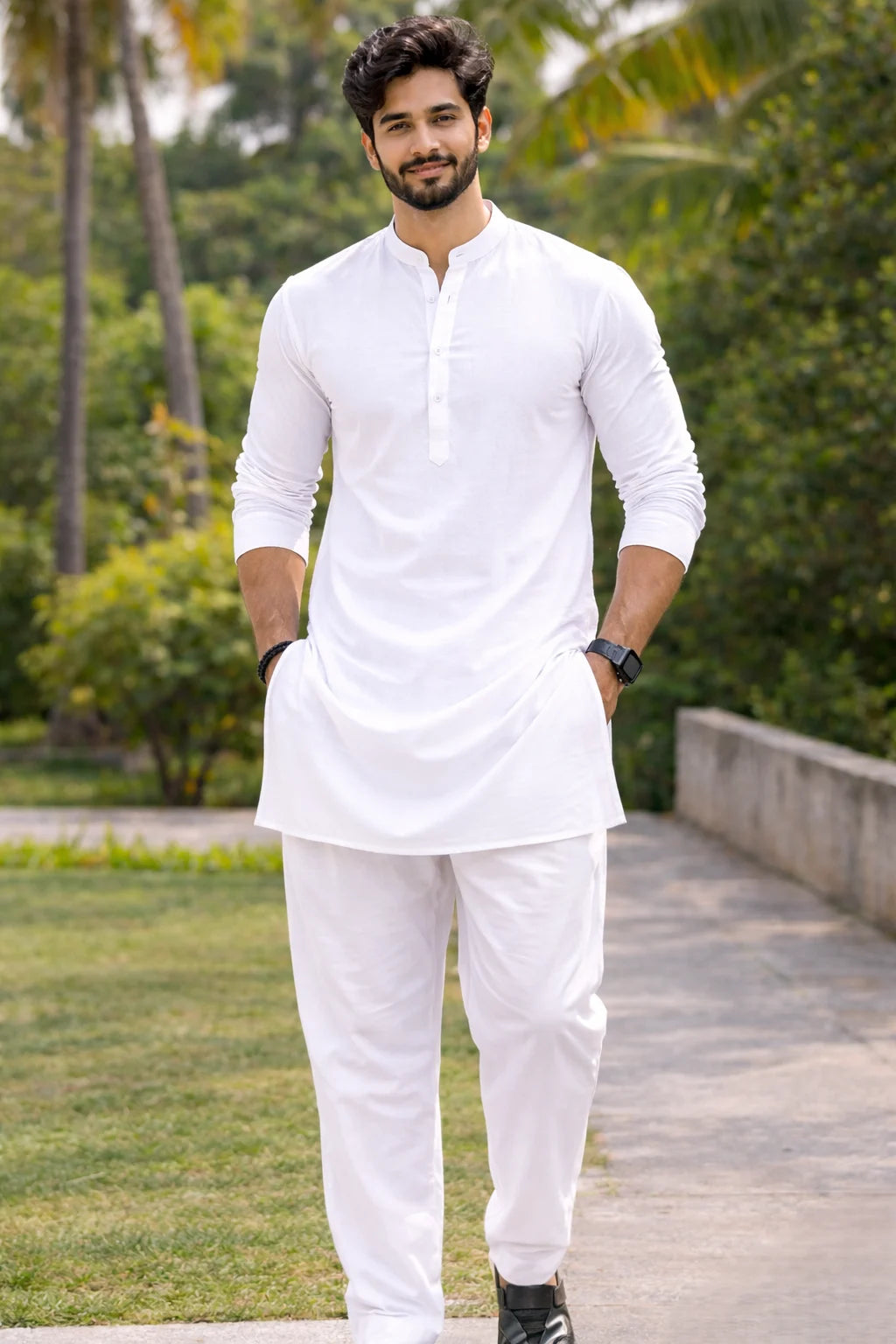 White Cotton Kurta Pajama for Men | Mandarin Collar Plain Long Pathani Ethnic