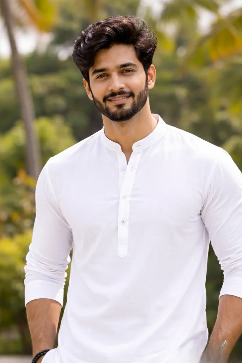 Eid Kurta Pajama for Men White | Mandarin Collar Plain Cotton Long Pathani Set