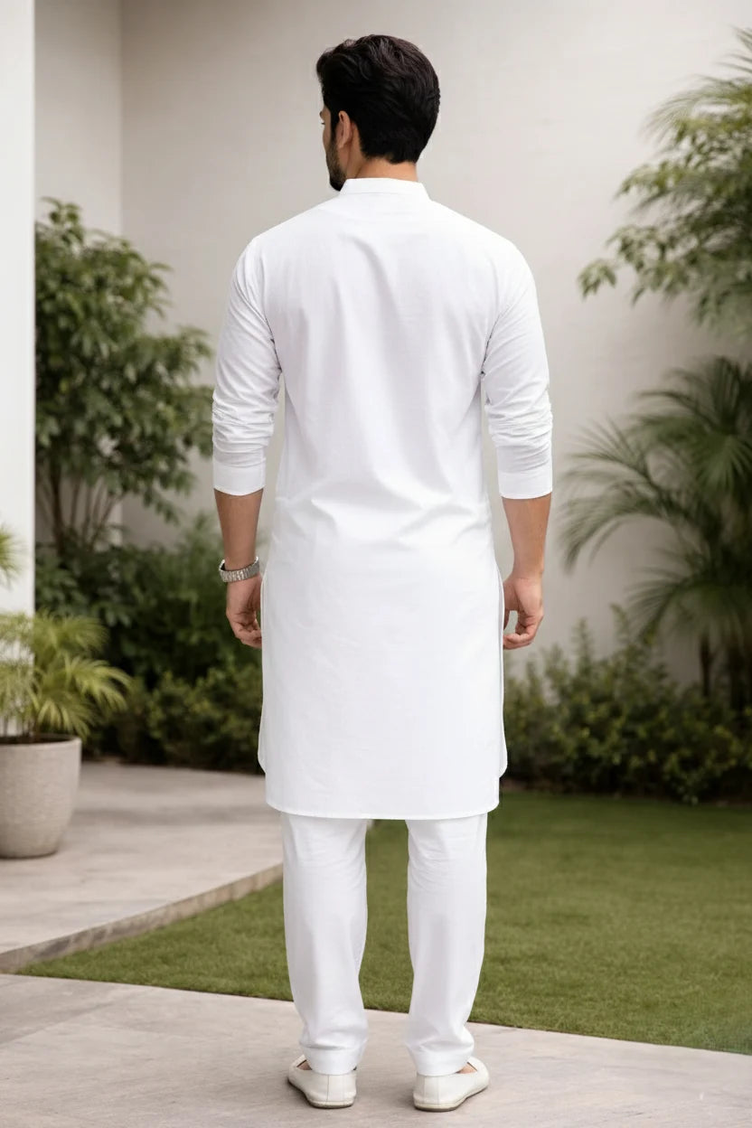 Mandarin Collar White Kurta for Men | Plain Cotton Long Kurta Pejama Ethnic