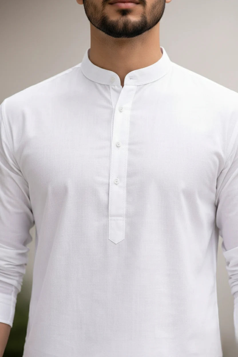 Men's White Kurta Pajama | Mandarin Collar Long Cotton Kurta Pejama Set
