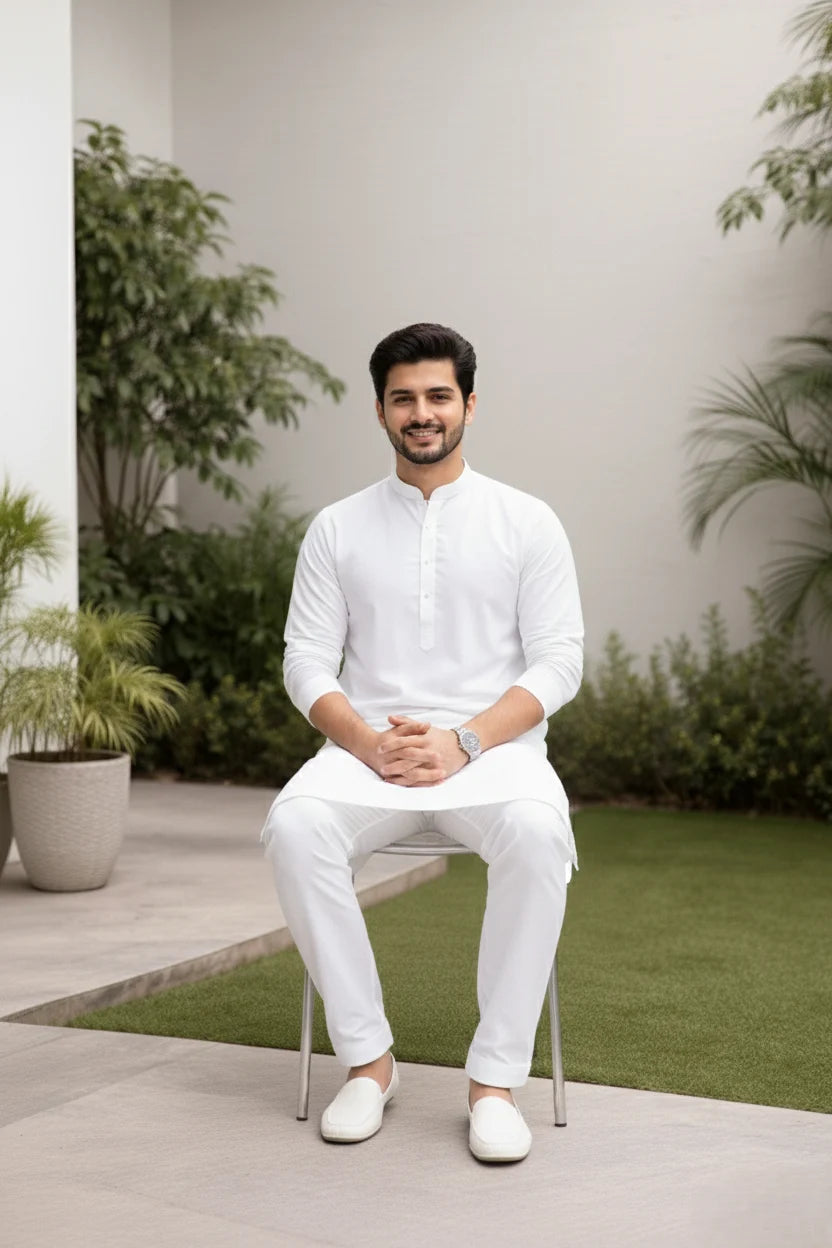 White Long Kurta Pajama for Men | Mandarin Collar Plain Cotton Ethnic Set