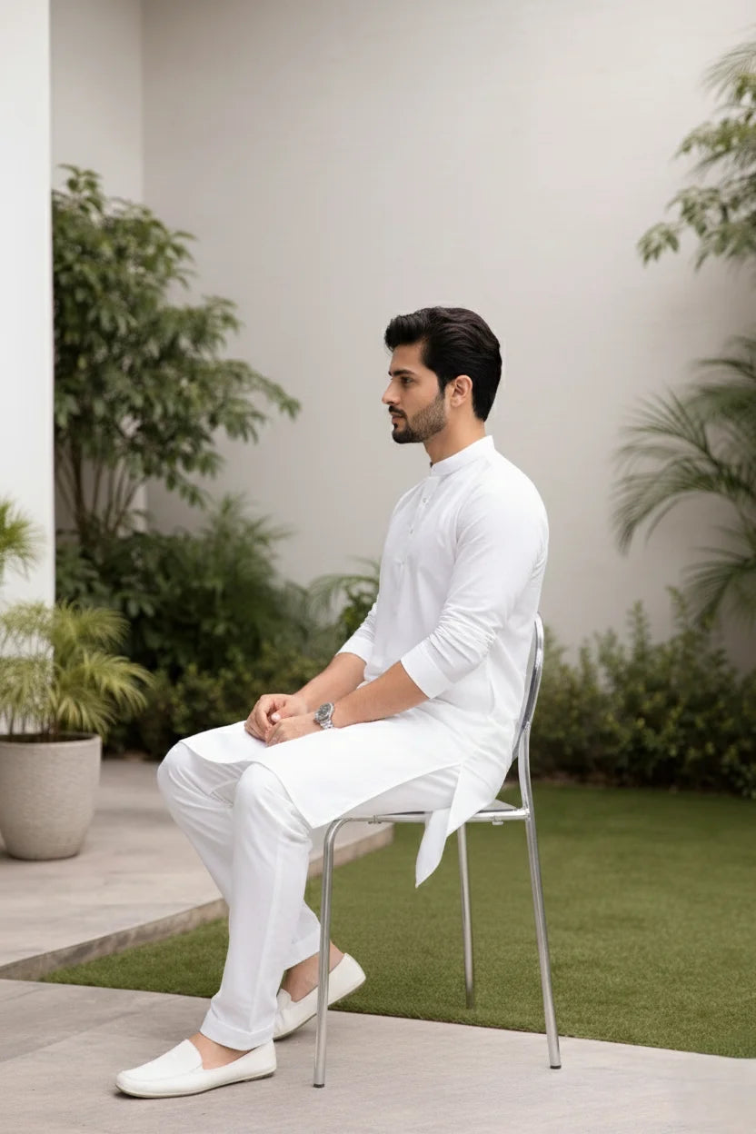 White Cotton Mandarin Collar Kurta Pajama | Plain Long Kurta for Men Online
