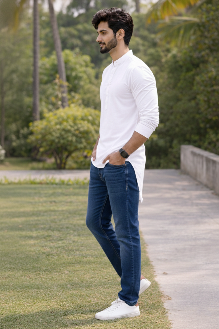 White Cotton Long Kurta for Men | Mandarin Collar Plain Stylish Ethnic Casual