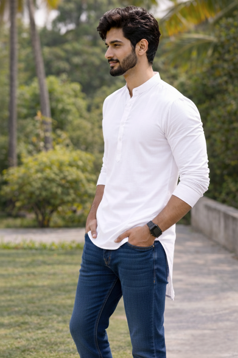 Eid Kurta for Men White Long | Mandarin Collar Plain Cotton Stylish Ethnic