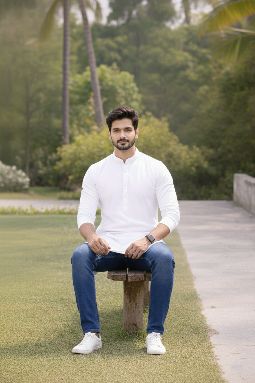 Men's White Long Kurta | Mandarin Collar Plain Cotton Casual Ethnic Wear