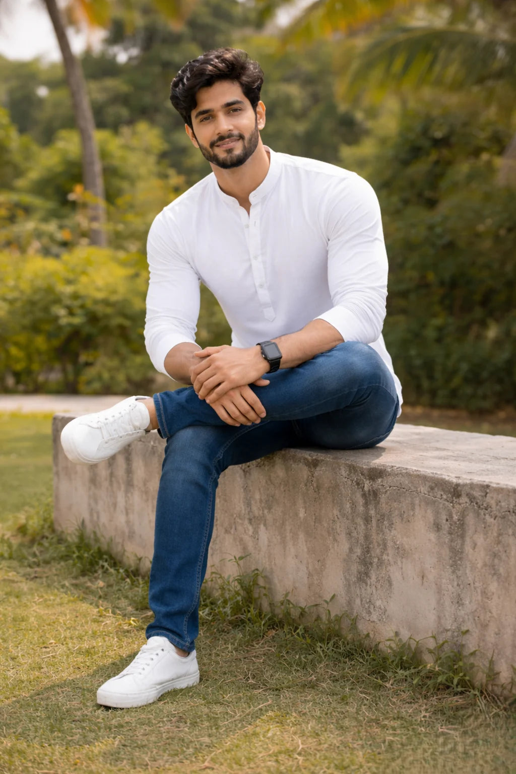 White Mandarin Collar Short Kurta for Men | Plain Cotton Stylish Casual Ethnic