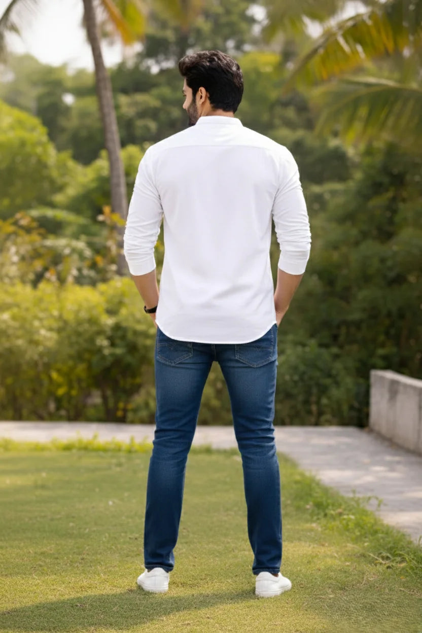 Men's White Short Kurta | Mandarin Collar Plain Cotton Casual Ethnic Wear