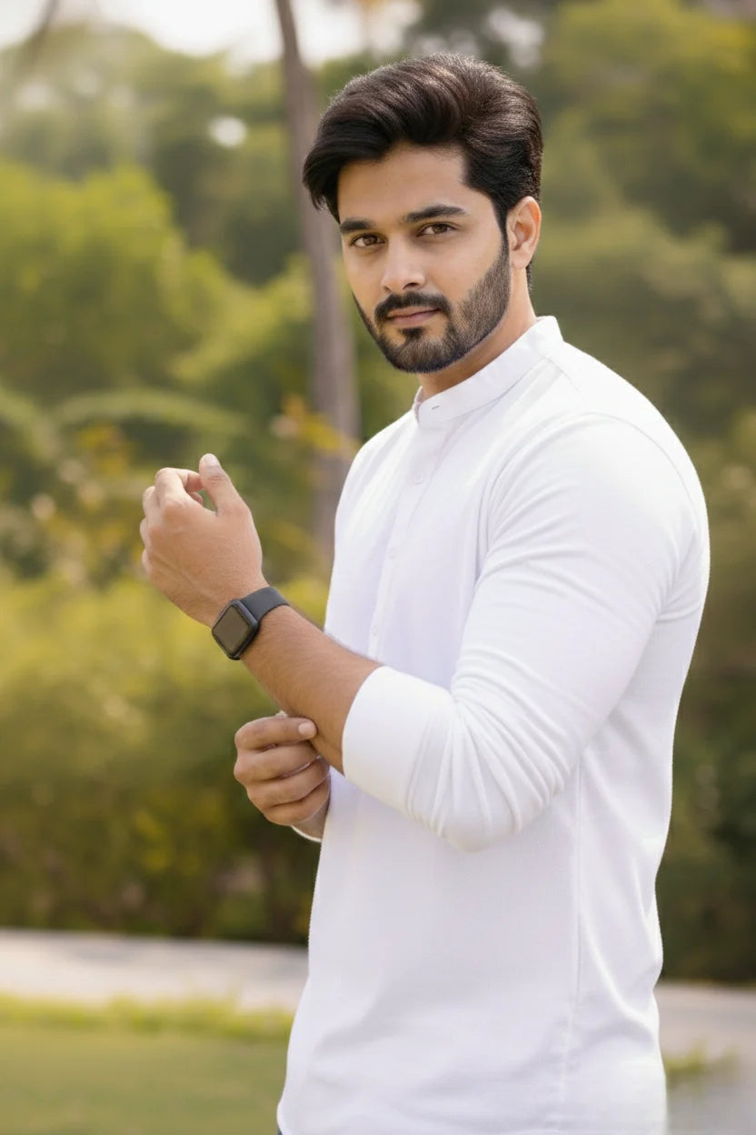 White Plain Short Cotton Kurta for Men | Mandarin Collar Stylish Casual Ethnic