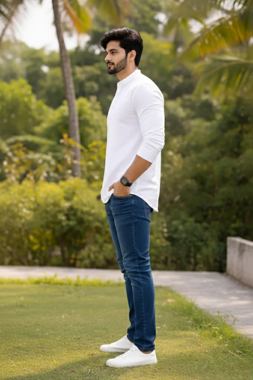 Mandarin Collar White Short Kurta for Men | Plain Cotton Pathani Style Casual