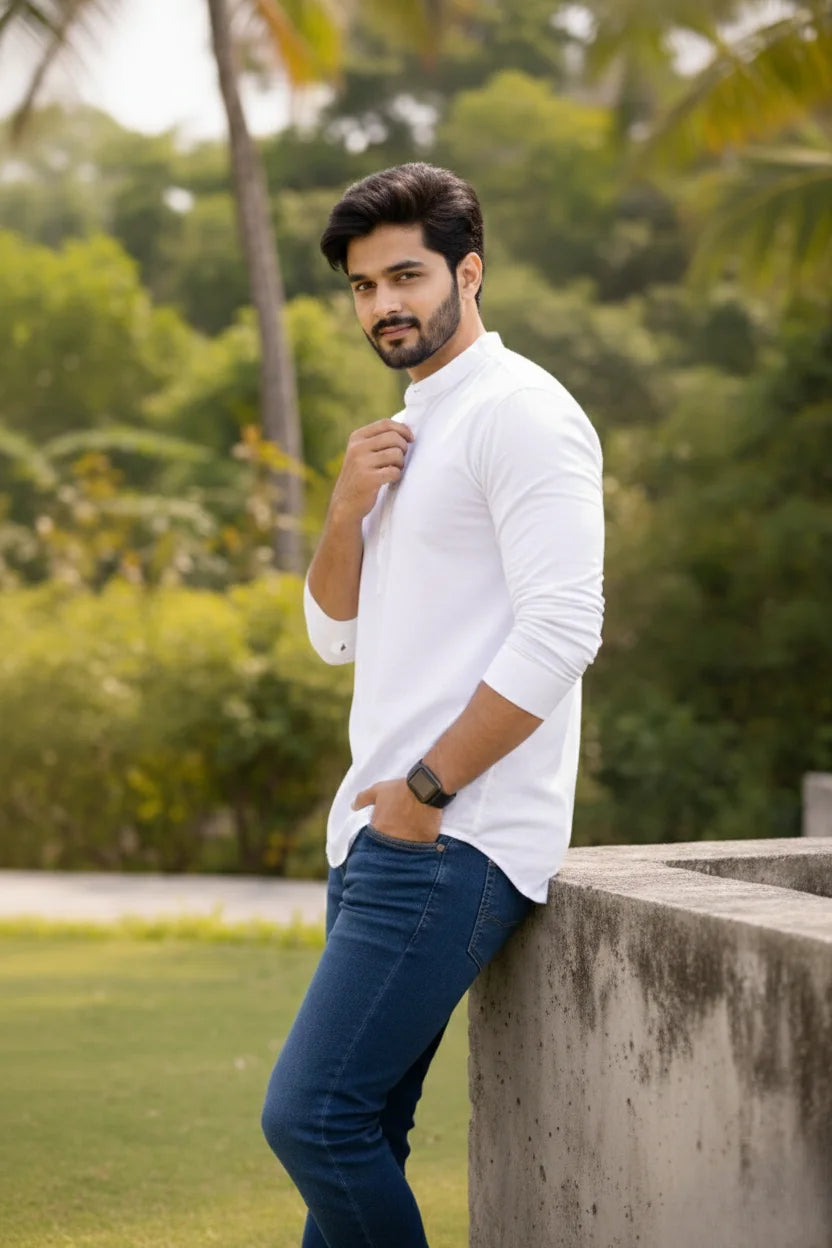 White Cotton Short Kurta for Men | Mandarin Collar Plain Stylish Ethnic Casual