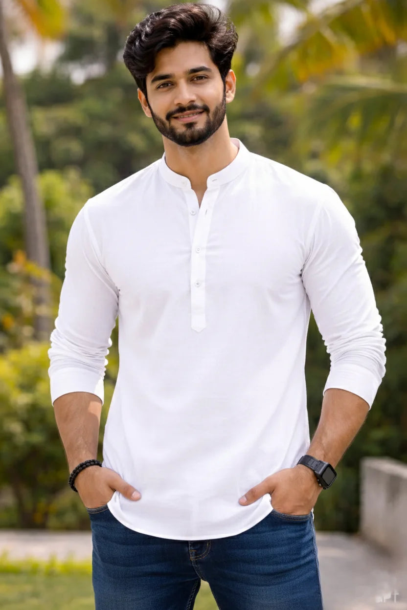 White Short Kurta with Jeans | Mandarin Collar Plain Cotton Stylish Kurta Men