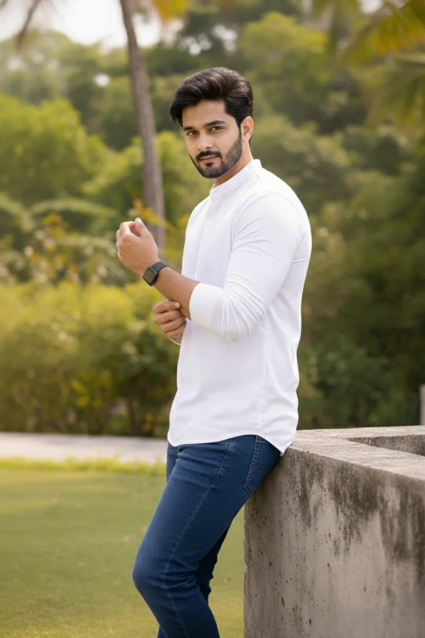 Eid Kurta for Men White Short | Mandarin Collar Plain Cotton Stylish Ethnic